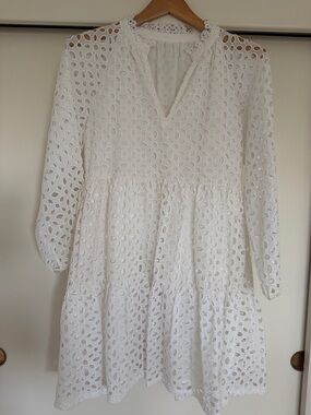 J. Crew White Eyelet V-Neck Tiered Long Sleeve Dress